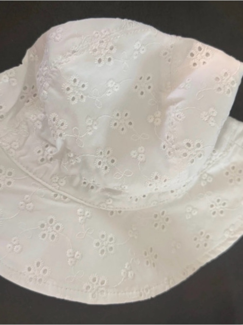 Infant Sun Hat 6-12 months White Eyelet Bucket Hat, Velcro chin strap